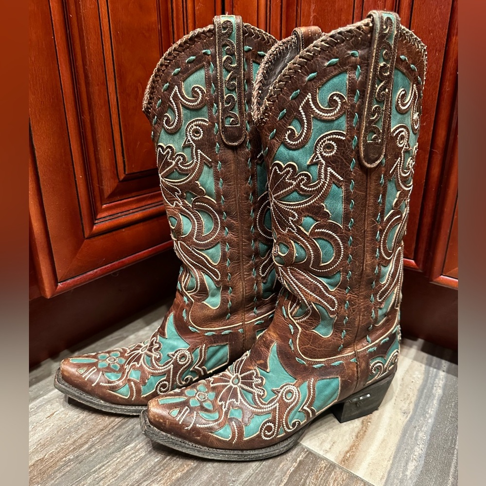 Lane Robin Brown Turquoise Floral Cowboy Boots Birds RARE Wedding Rodeo Cowgirl - Picture 2 of 7
